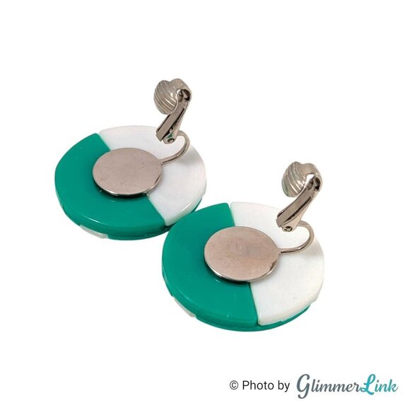 Vintage Round Striped Lucite Green & White Silver Tone Clip On Earrings - Picture 8 of 11
